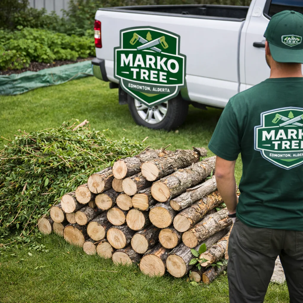 Neat pile of cut wood and chipped brush staged for removal with a clean lawn and protected garden bed visible.