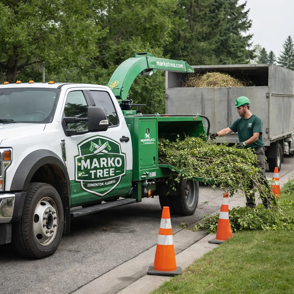 Truck and chipper setup at curb with cones and organized staging; show how debris is contained and loaded.